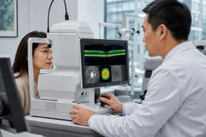 ChatGPT Image Jul 8 2026 03 04 07 AM Advanced OCT eye imaging performed during a comprehensive glaucoma evaluation as an ophthalmologist captures detailed retinal and optic nerve scans before glaucoma surgery in a modern eye clinic.