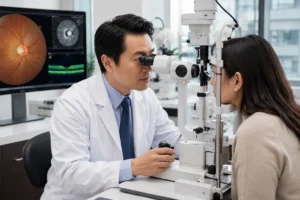 ChatGPT Image Jul 8 2026 03 25 28 AM Patient attending a postoperative glaucoma surgery follow-up appointment as a board-certified ophthalmologist examines the healing eye in a modern ophthalmology clinic.