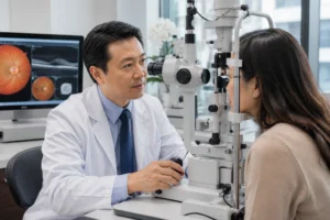 ChatGPT Image Jul 8 2026 03 39 41 AM Board-certified ophthalmologist performing a postoperative glaucoma surgery recovery examination using a slit lamp while reviewing the patient's healing progress during a follow-up visit.