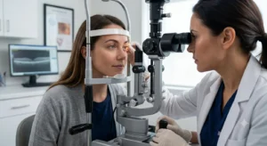 Ophthalmologist examining eyelash follicles during an eye exam