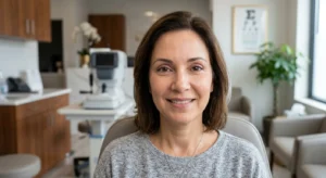 An adult female patient showcasing natural and refreshed upper eyelid results after a successful upper blepharoplasty at a premium ophthalmology clinic in Flushing, Queens, New York.