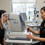 An Asian female ophthalmologist in black scrubs operating a KR-800 autorefractor machine to conduct an eye exam on an Asian female patient inside a modern eye clinic