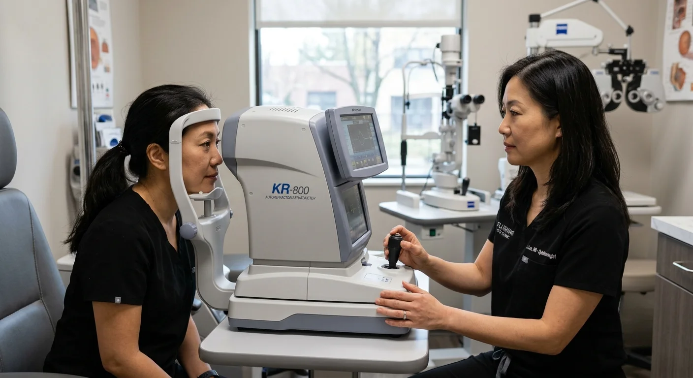 b94ca51e 4a7a 4845 901a 35fc5fb5a8ad An Asian female ophthalmologist in black scrubs operating a KR-800 autorefractor machine to conduct an eye exam on an Asian female patient inside a modern eye clinic