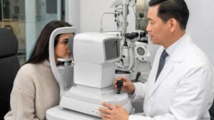 eye test small 1 Ophthalmologist performing an autorefractor eye test in Flushing Queens eye clinic
