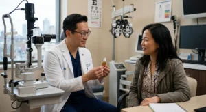 f0667629 8fa3 41eb bdca c64855521755 2 Adult patient discussing presbyopia eye drops with an ophthalmologist in Flushing, Queens