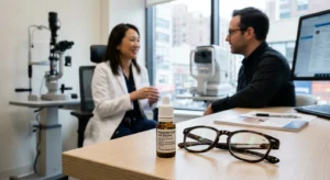 f88aa309 7808 429c b2b0 3c4a2fbdba2d Prescription presbyopia eye drops beside reading glasses during an eye consultation