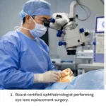Board-certified ophthalmologist performing eye lens replacement surgery using advanced microsurgical technology in a modern ophthalmology operating room.
