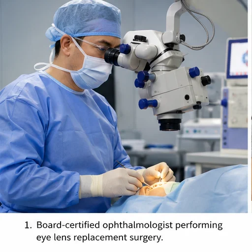 Board-certified ophthalmologist performing eye lens replacement surgery using advanced microsurgical technology in a modern ophthalmology operating room.