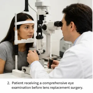 Patient receiving a comprehensive preoperative eye examination before eye lens replacement surgery at a modern ophthalmology clinic.
