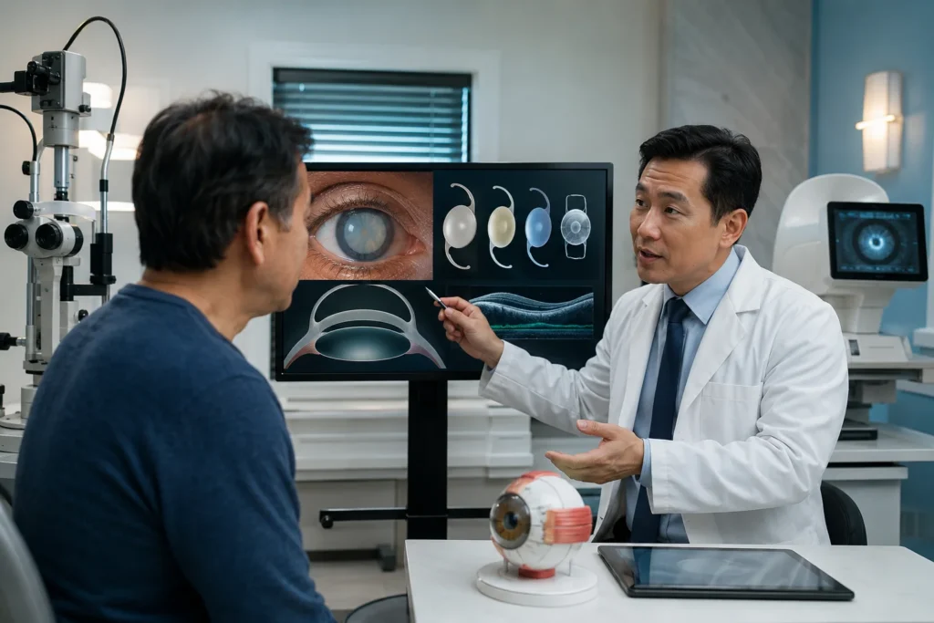 Ophthalmologist explaining refractive cataract surgery with premium intraocular lens options to an adult patient