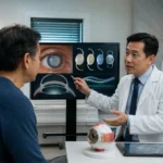 Ophthalmologist explaining refractive cataract surgery with premium intraocular lens options to an adult patient