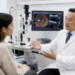 Eye doctor in Queens NY consulting with a patient during a comprehensive eye examination