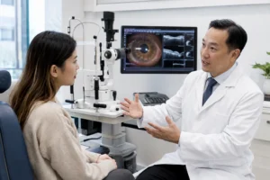 Eye doctor in Queens NY consulting with a patient during a comprehensive eye examination
