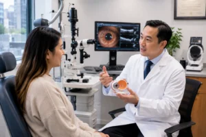 Ophthalmologist examining patient during an eye exam in Flushing Queens 