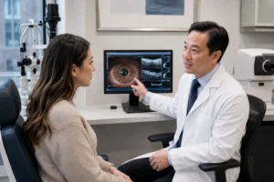 Eye specialist discussing vision health with a patient in New York City