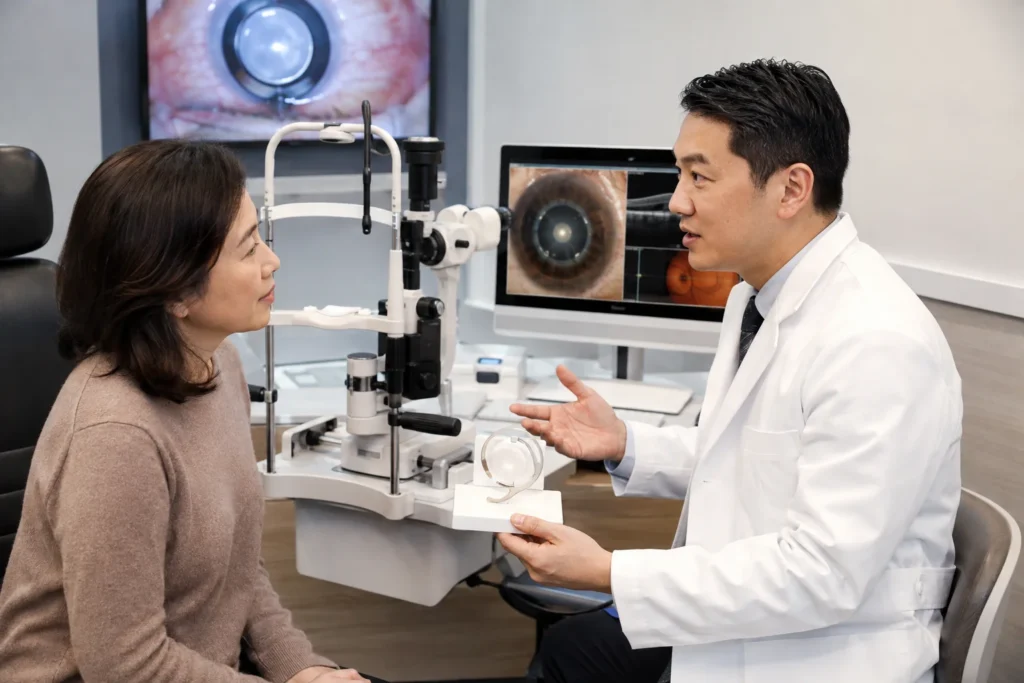 Cataract surgeon near me discussing cataract treatment with a patient