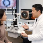 Cataract surgeon near me discussing cataract treatment with a patient