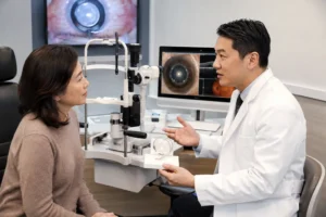 Cataract surgeon near me discussing cataract treatment with a patient