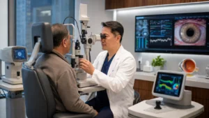 ChatGPT Image Aug 11 2026 11 00 11 PM Ophthalmologist evaluating a patient before cataract surgery in Queens NYC