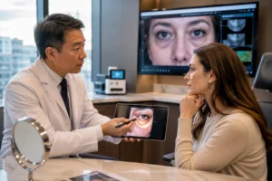 Ophthalmologist evaluating a patient for laser treatment for under eye bags 
