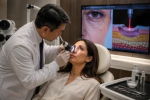 Ophthalmologist evaluating a patient for laser treatment for under eye bags 