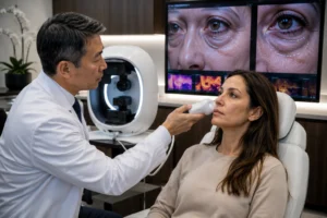 Under-eye skin evaluation before cosmetic laser treatment 
