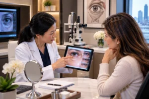 Ophthalmologist discussing under-eye bag treatment options with patient