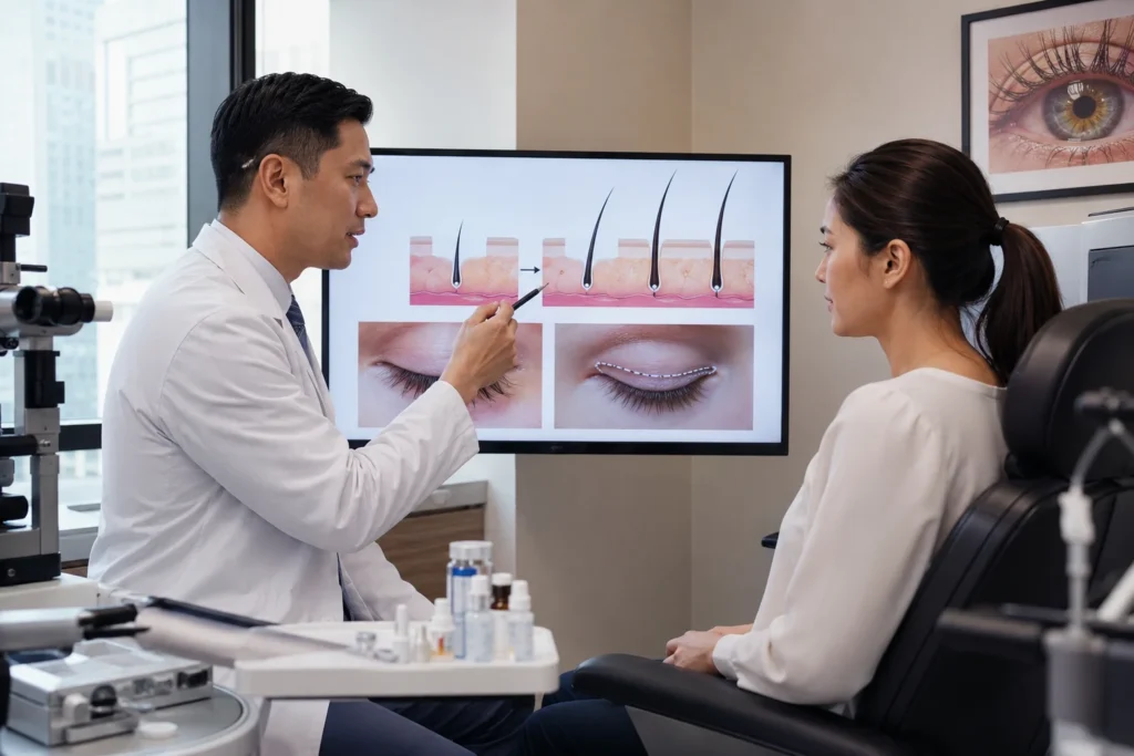 Ophthalmologist discussing eyelash serum growth treatment with patient