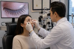 ChatGPT Image Aug 14 2026 06 45 38 AM Eye doctor evaluating eyelashes before growth treatment
