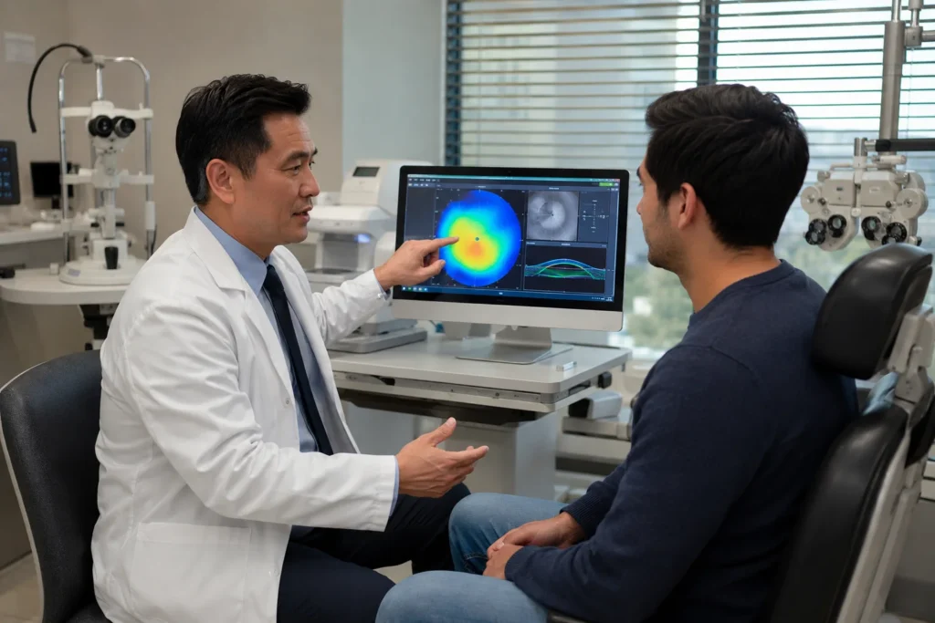 Refractive eye surgery consultation with corneal topography eye test