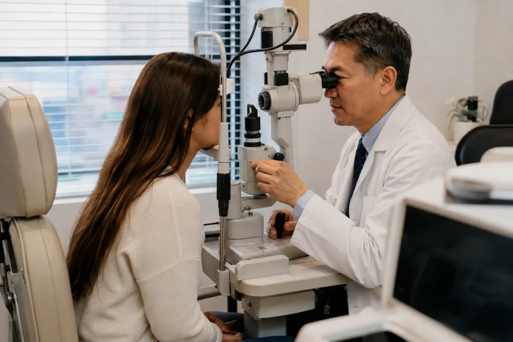 Ophthalmologist examining a patient for tired eyes and digital eye strain