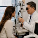 Ophthalmologist examining a patient for tired eyes and digital eye strain