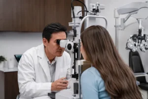 Ophthalmologist evaluating a patient with tired eyes in Flushing Queens NYC] 