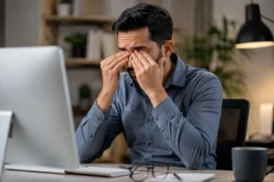 Patient experiencing digital eye strain during prolonged computer use 