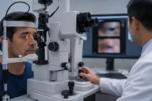 ophthalmologist examining eyelid ptosis in Queens NYC