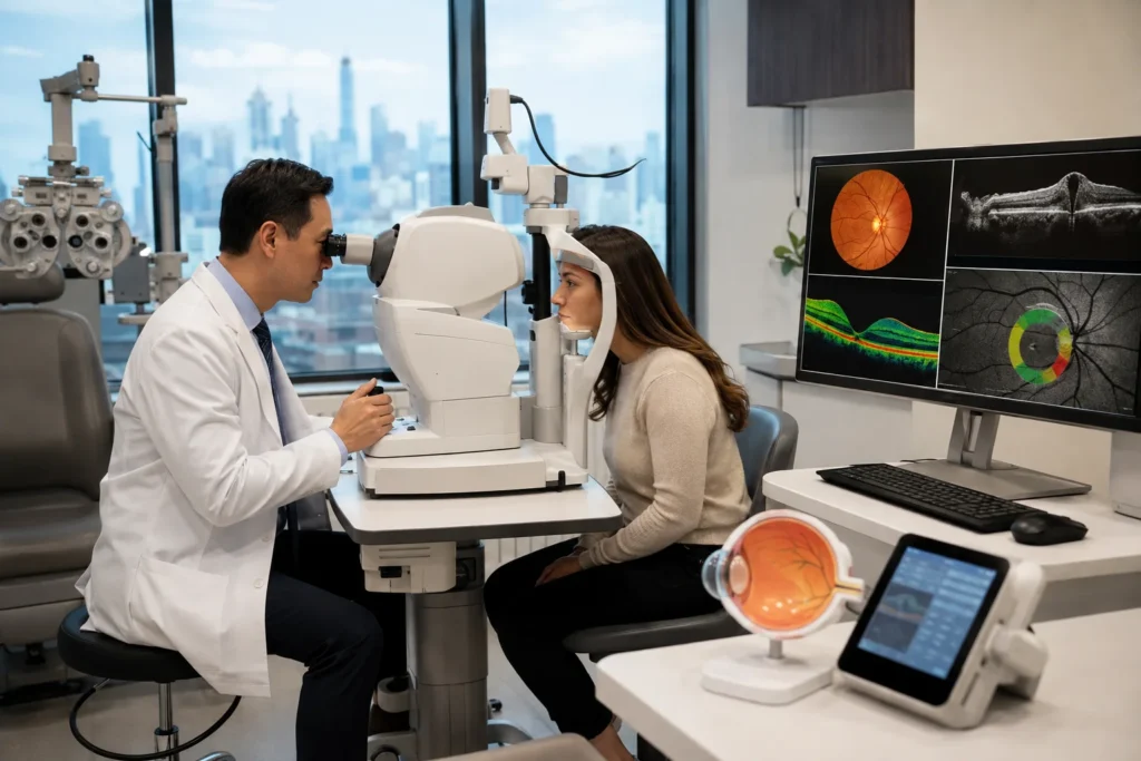 Board-Certified Ophthalmologist performing a comprehensive eye exam using an advanced eye testing machine in a modern ophthalmology clinic in Flushing, Queens, NYC