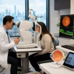 Board-Certified Ophthalmologist performing a comprehensive eye exam using an advanced eye testing machine in a modern ophthalmology clinic in Flushing, Queens, NYC