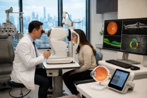 Board-Certified Ophthalmologist performing a comprehensive eye exam using an advanced eye testing machine in a modern ophthalmology clinic in Flushing, Queens, NYC