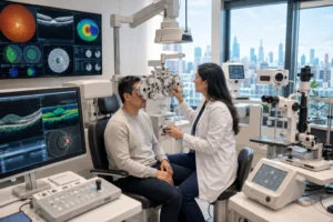 ChatGPT Image Aug 4 2026 03 33 33 AM Patient undergoing a comprehensive vision test with modern eye testing equipment.
