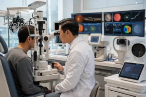 ChatGPT Image Aug 4 2026 03 45 00 AM Board-certified ophthalmologist performing a complete eye exam using advanced diagnostic technology.