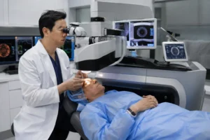 Board-certified ophthalmologist preparing a patient for femtosecond laser cataract surgery using advanced laser technology in Flushing, Queens, NYC