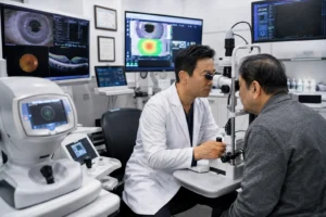 Patient receiving a comprehensive cataract evaluation before laser-assisted surgery. 