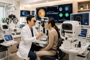 Modern ophthalmology clinic using advanced diagnostic technology for cataract treatment. 