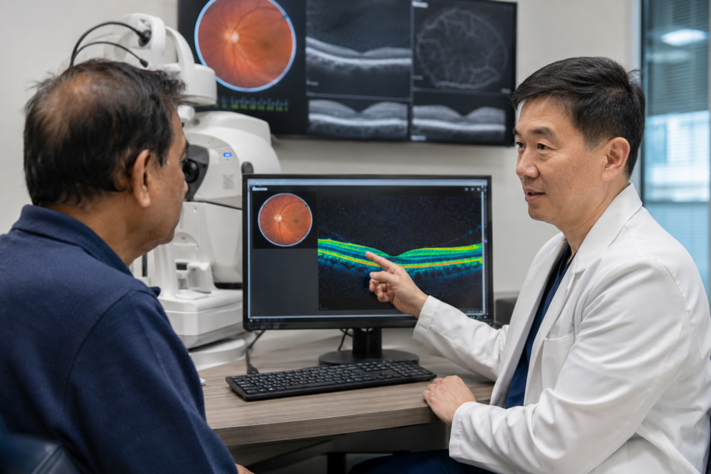 Board-certified retinal specialist reviewing OCT retinal scans with a diabetic patient during an eye exam