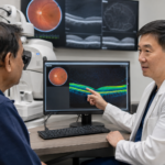 Board-certified retinal specialist reviewing OCT retinal scans with a diabetic patient during an eye exam