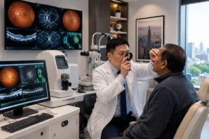 ChatGPT Image Aug 5 2026 11 54 30 PM Board-certified retinal specialist examining a diabetic patient's retina in Flushing Queens NYC.