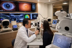 Ophthalmologist explaining premium intraocular lens options after femtosecond laser cataract surgery. 