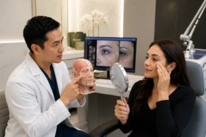 ChatGPT Image Aug 7 2026 01 41 06 AM Consultation discussing laser treatment for under eye wrinkles and what is the best non surgical eye lift with an eye specialist.