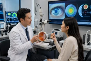 ChatGPT Image Aug 7 2026 11 09 38 PM Patient learning how do multifocal contact lenses work during eye exam