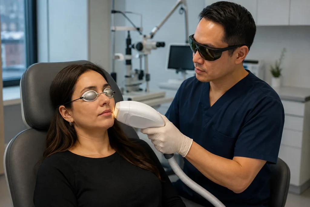 Board-certified ophthalmologist performing intense pulse light therapy for dry eyes in a modern eye clinic